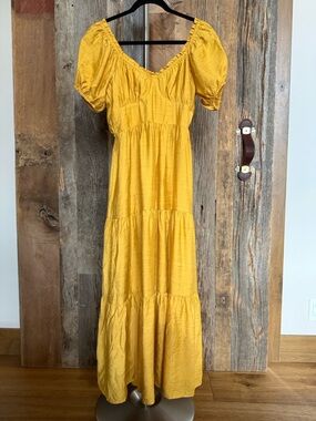 Forever 21 Mustard Yellow Tiered Puff-Sleeve Maxi Dress